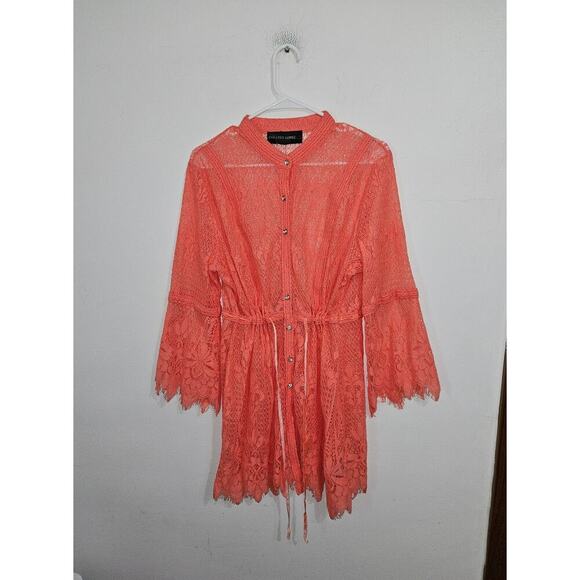 Coral Orange Lace Crochet Cover-up Kimono Tie Waist Button Front Long Sleeve XL - Picture 10 of 10